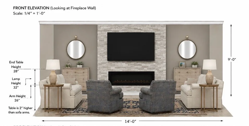Front elevation concept drawing of fireplace wall and living room furnishings