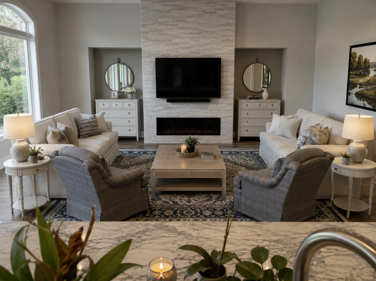 Completed living room with fireplace, cream sofas, blue chairs and patterned rug