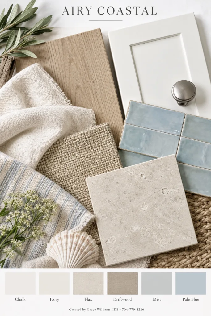 Airy Coastal beach home palette: white cabinet, white oak, pale blue tile, linen, seashell and jute in chalk, ivory, flax, driftwood, mist and pale blue
