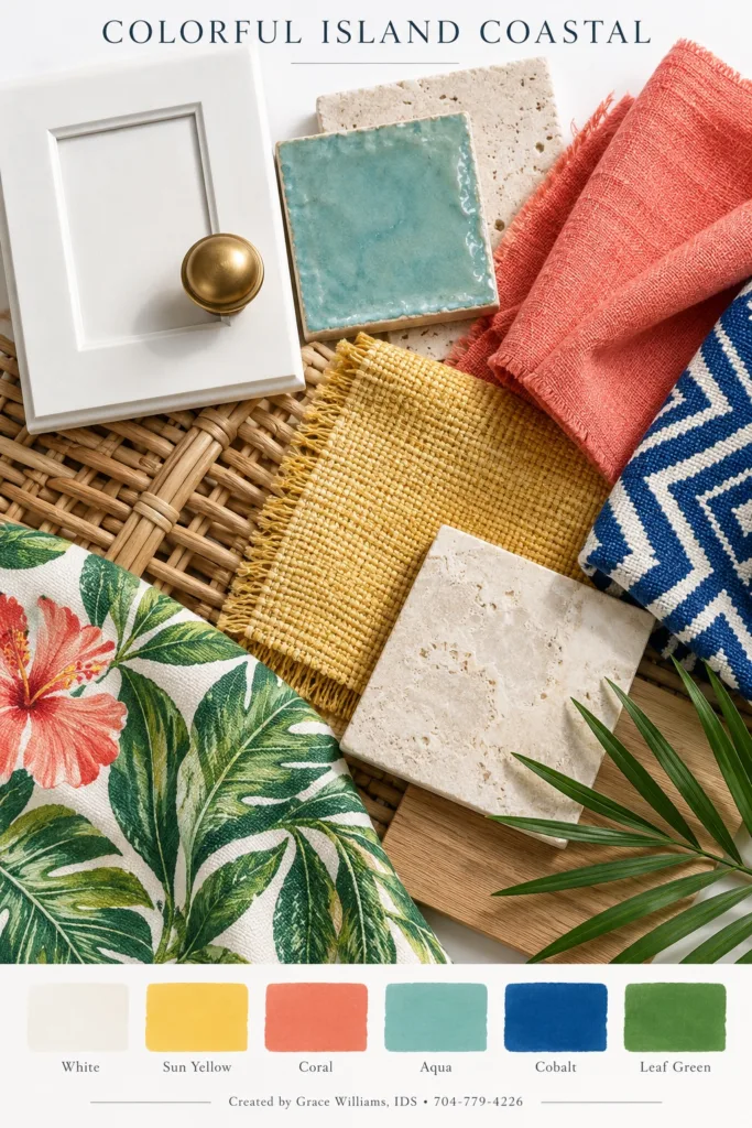 Colorful Island Coastal palette: white cabinet, aqua tile, coral and yellow fabrics and a tropical print