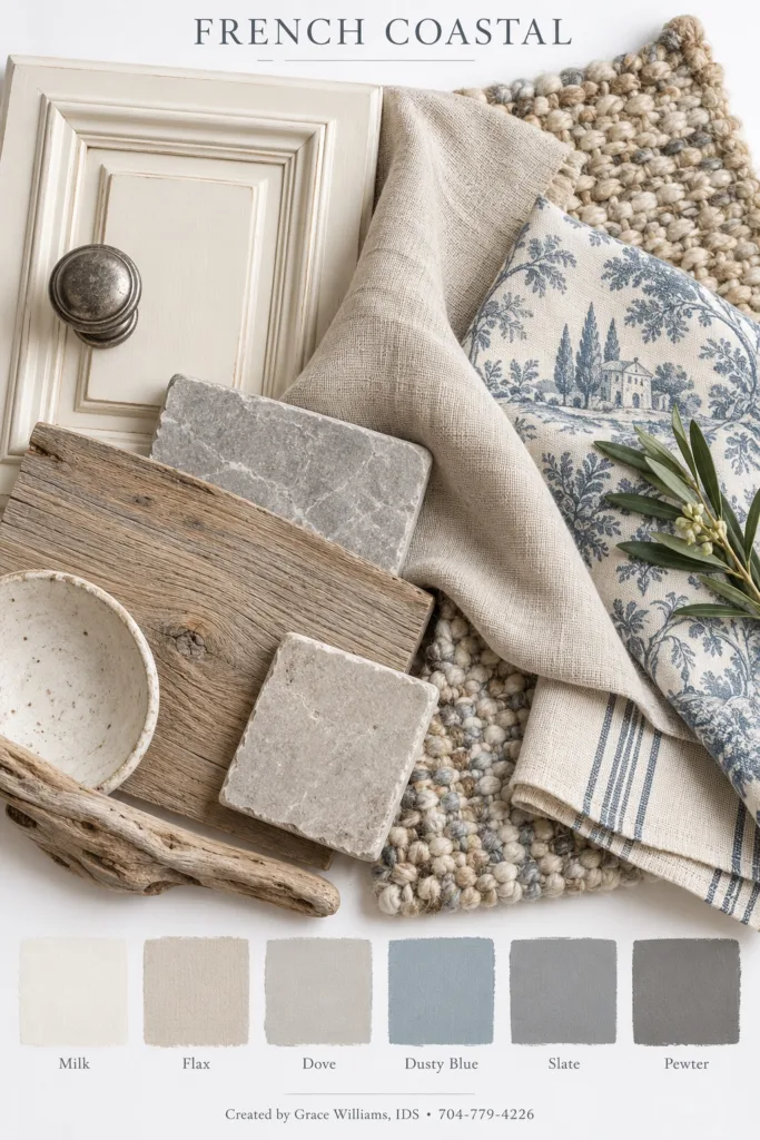 French Coastal palette: cream cabinet, blue toile, driftwood, limestone and linen