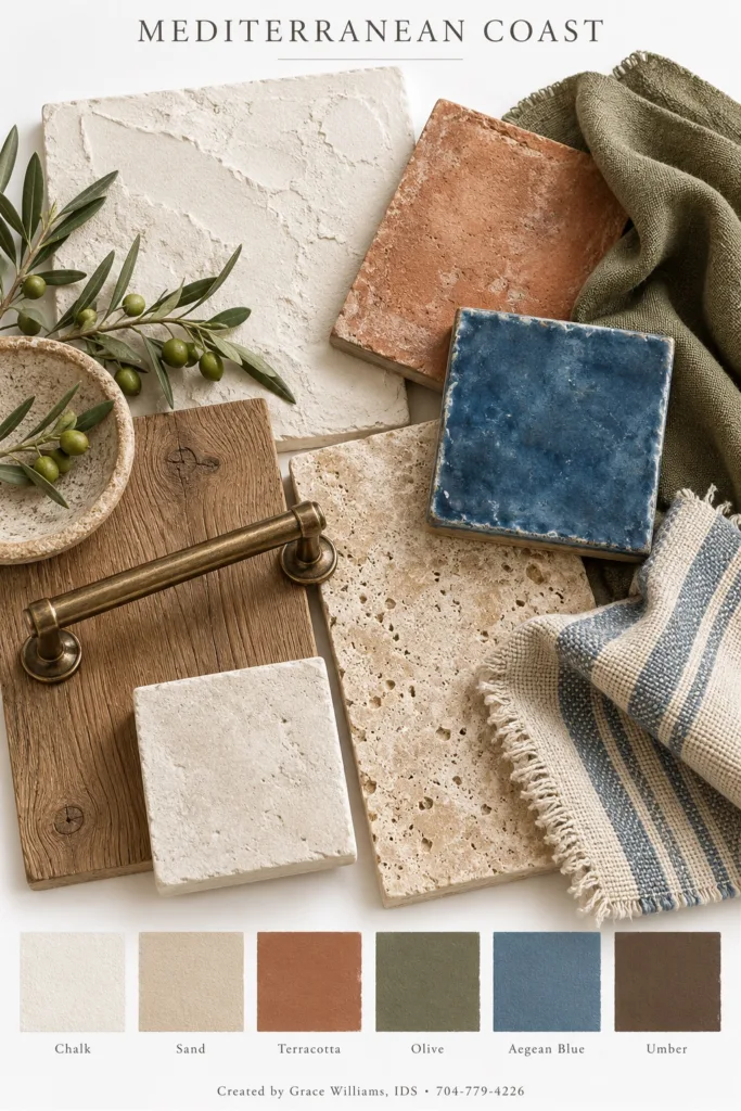 Mediterranean Coast palette: white plaster, terracotta, denim blue tile, olive linen and brass hardware