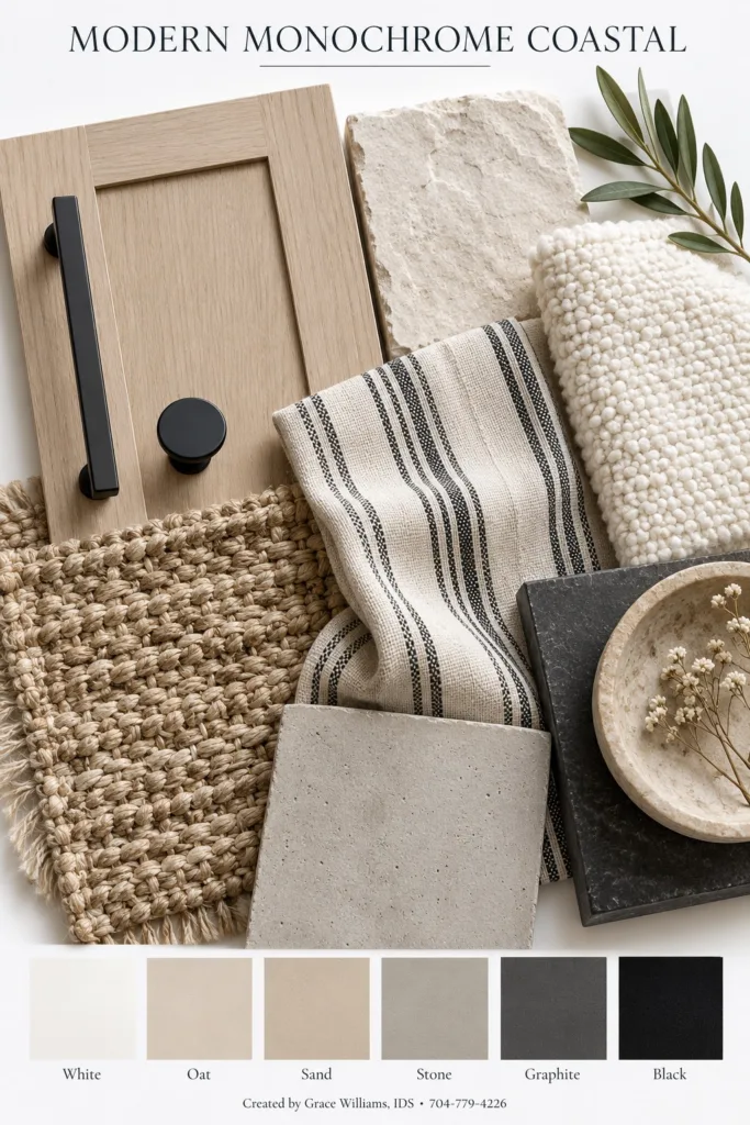 Modern Monochrome Coastal palette: taupe cabinet with black hardware, striped linen, jute and gray stone