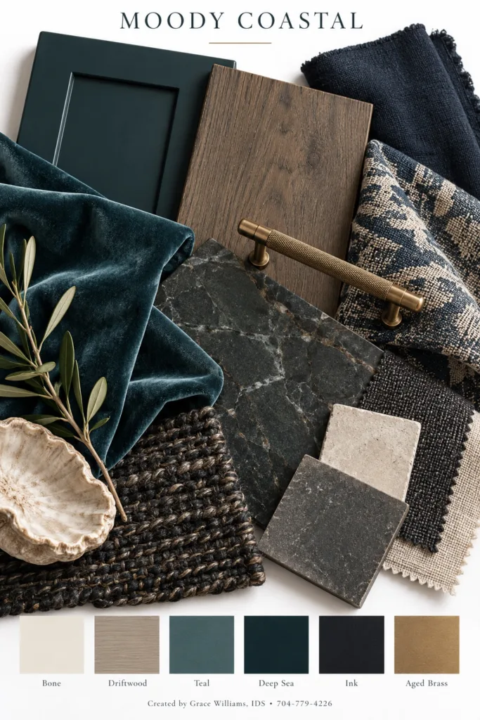 Moody Coastal palette: navy cabinet, teal velvet, dark stone, oyster shell and brass hardware