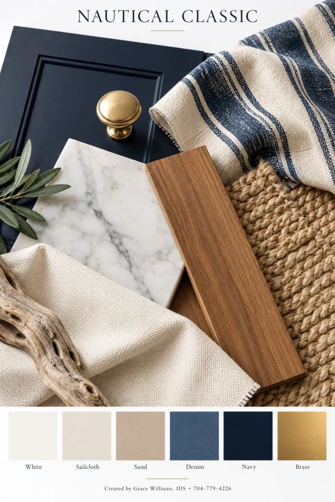 Nautical Classic beach home palette: navy cabinet with brass knob, marble, teak, navy stripe and jute in white, sailcloth, sand, denim, navy and brass