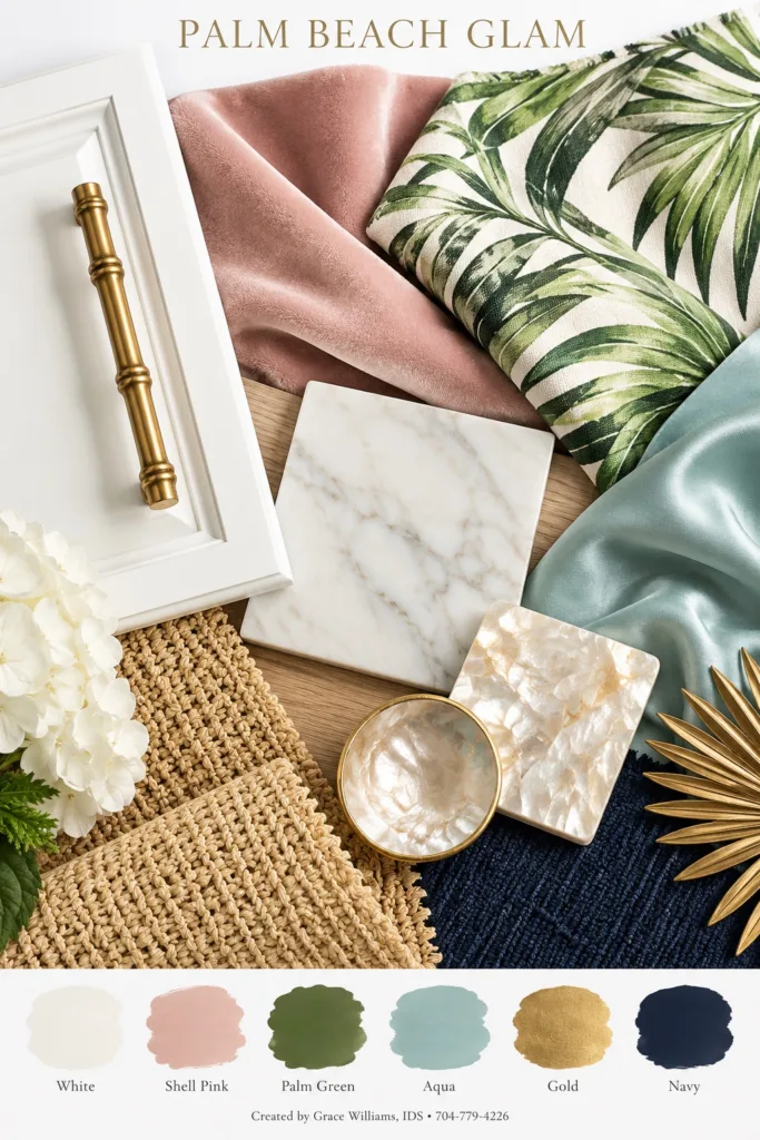 Palm Beach Glam palette: brass hardware, pink silk, palm print, marble, mother of pearl and aqua