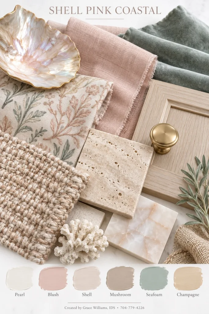 Shell Pink Coastal palette: pearl shell, blush linen, coral, floral fabric and pale travertine