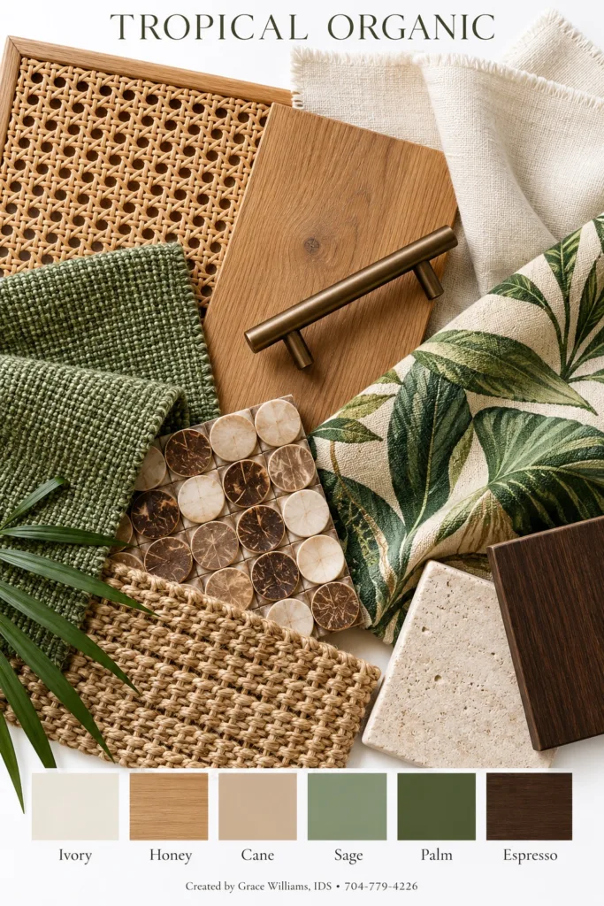 Tropical Organic palette: cane, warm oak, palm leaf print, green weave and natural stone