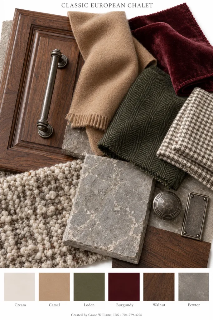 Classic European Chalet palette: walnut cabinet, camel wool, burgundy velvet, olive fabric and natural stone