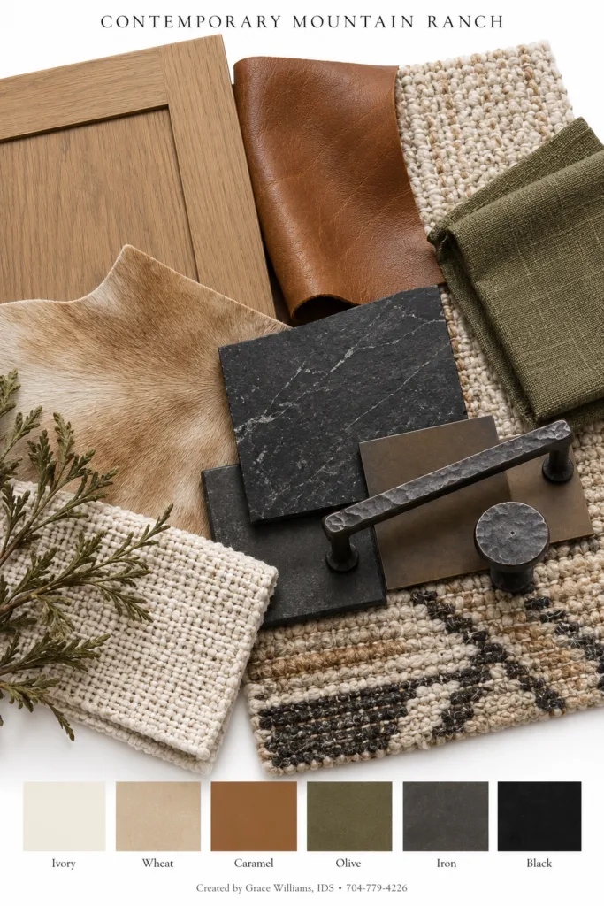 Contemporary Mountain Ranch palette: oak, cowhide, black stone, olive fabric and a patterned woven rug