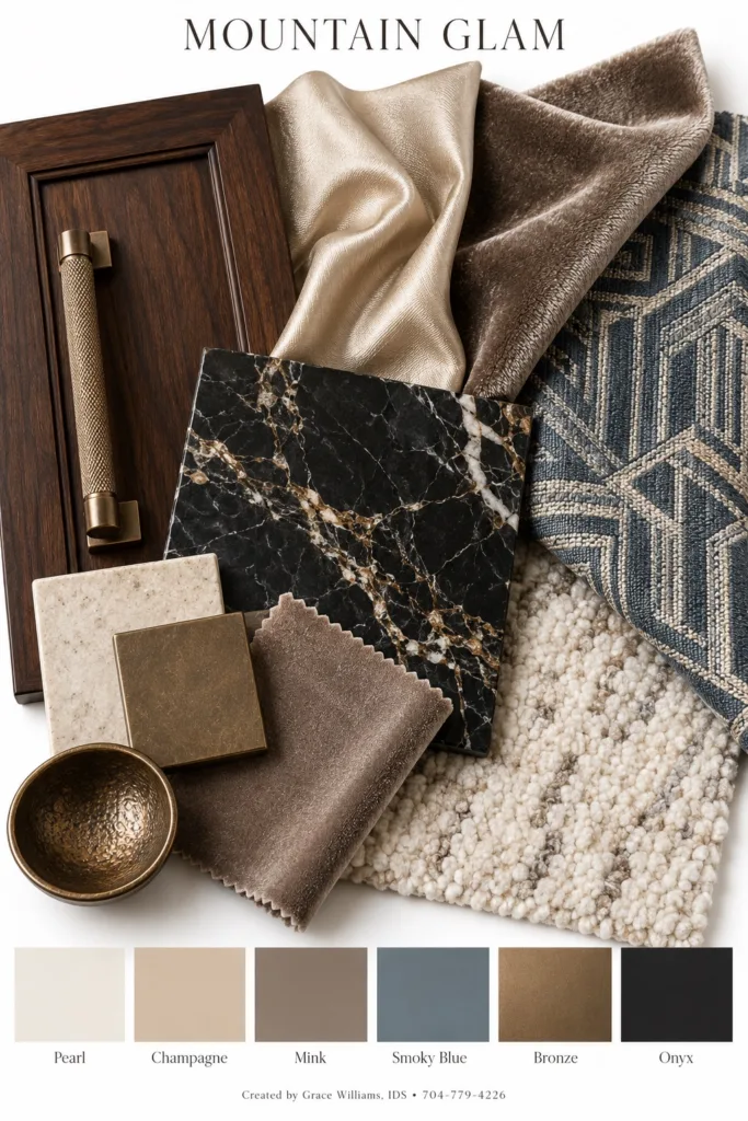 Mountain Glam palette: walnut with brass hardware, champagne satin, black and gold marble and a slate blue pattern