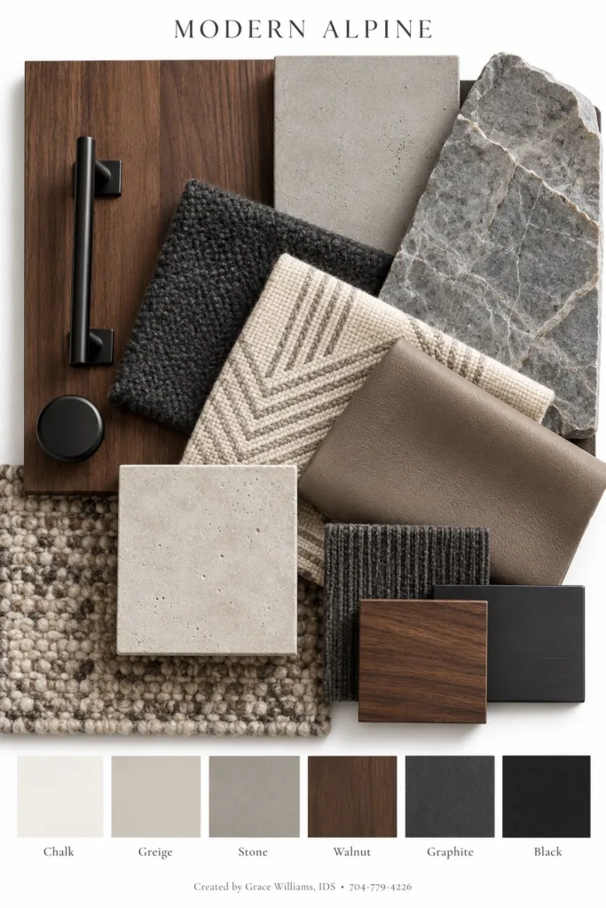 Modern Alpine mountain home palette: walnut with black hardware, gray stone, charcoal and chevron wool in chalk, greige, stone, walnut and graphite