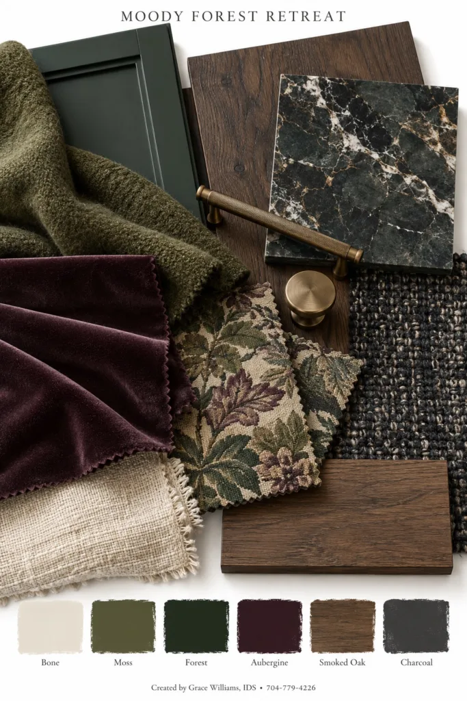 Moody Forest Retreat palette: deep green cabinet, plum velvet, dark marble, botanical fabric and walnut