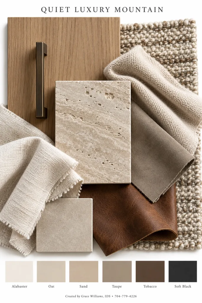 Quiet Luxury Mountain palette: white oak, travertine, ivory boucle and brown leather in soft neutral tones