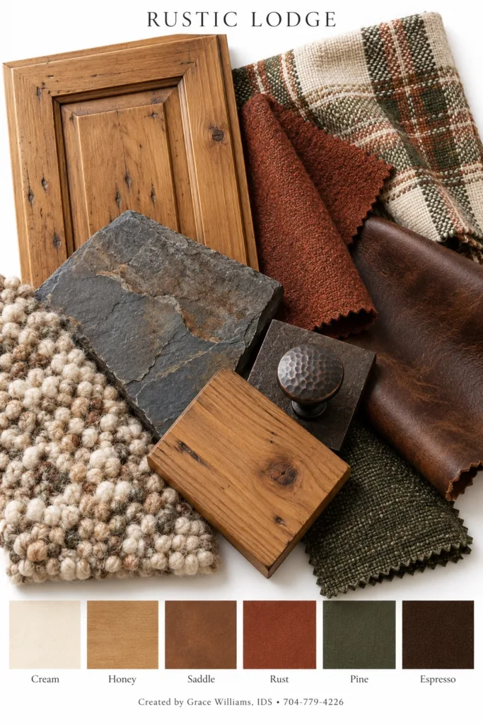 Rustic Lodge mountain home palette: knotty wood cabinet, plaid wool, rust and saddle leather, slate and a wool rug in cream, honey, rust, pine and espresso