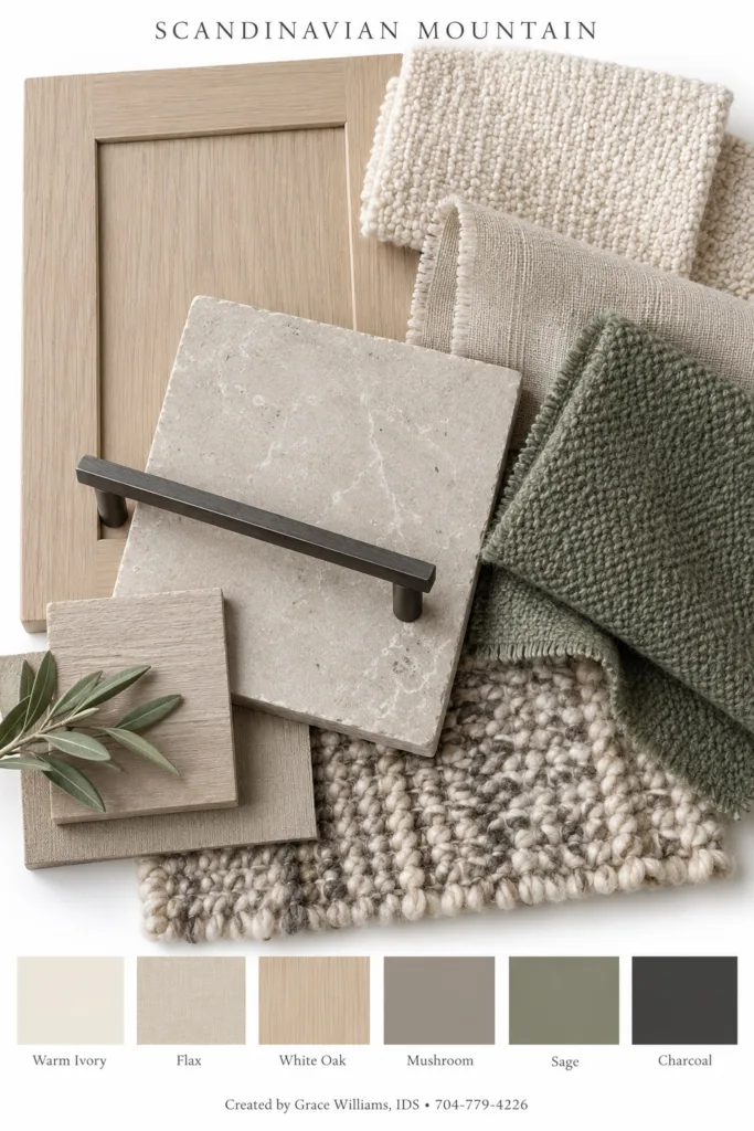 Scandinavian Mountain palette: pale oak cabinet, limestone, sage knit and textured wool