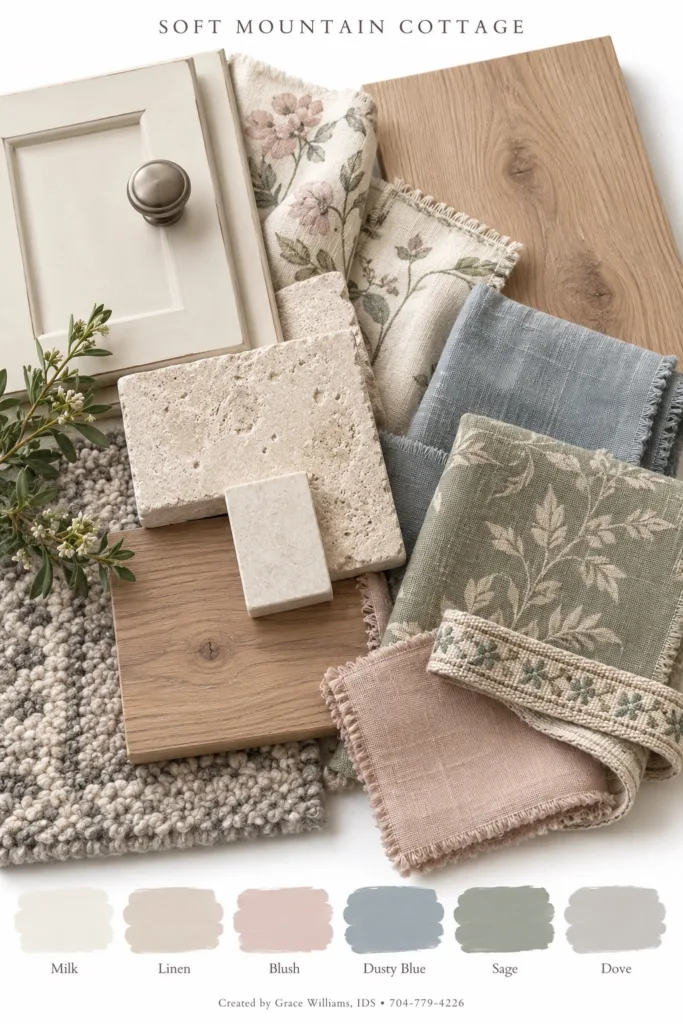 Soft Mountain Cottage palette: cream cabinet, oak floor, floral and sage linens, blush and soft blue fabrics