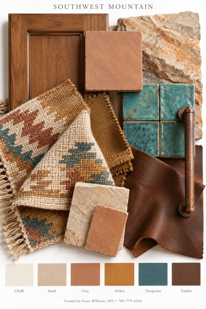 Southwest Mountain palette: warm wood, terracotta tile, kilim weave, turquoise tile and cognac leather