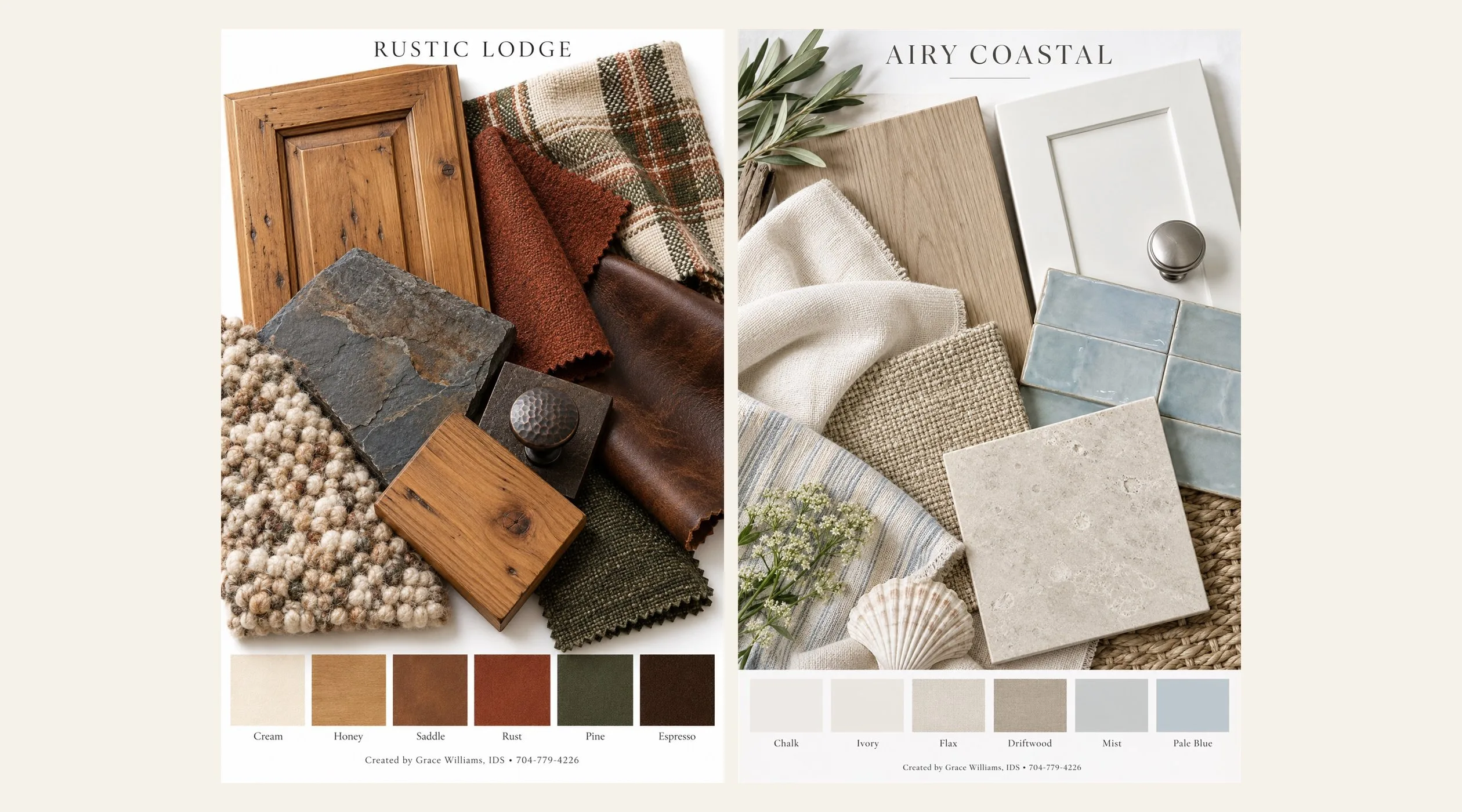 Grace Williams color palette boards for a Rustic Lodge mountain home and an Airy Coastal beach home